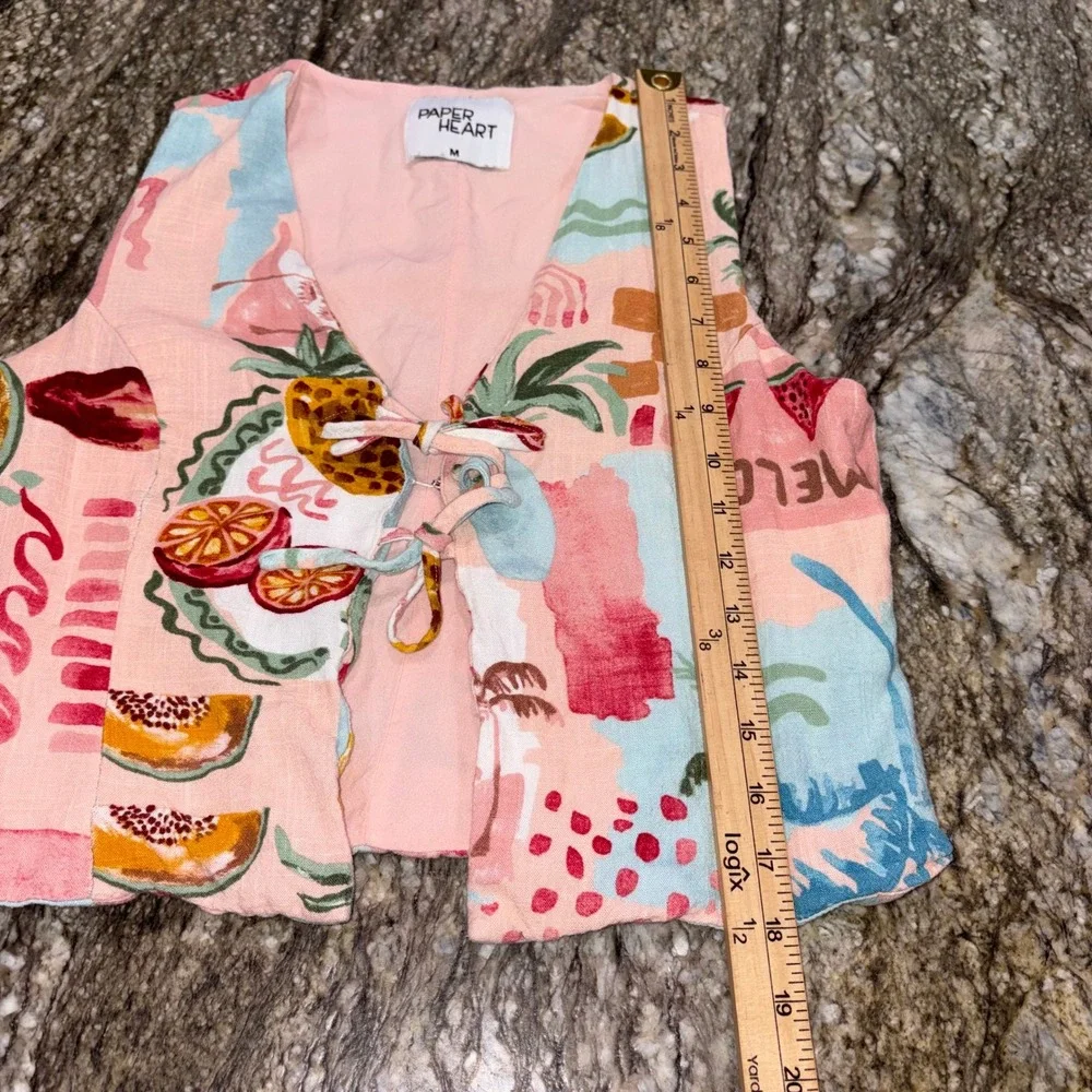 Tropical Summer Linen Blend Tie Front Vest Womens M Pink Paper Heart